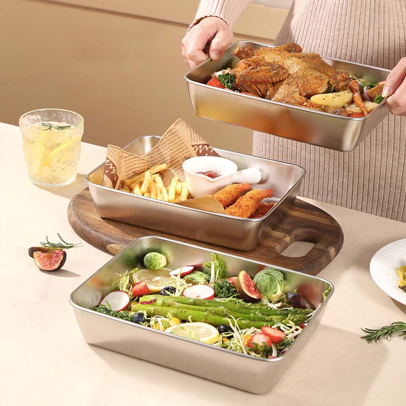 Convertible stainless steel dish: Store and serve with elegance